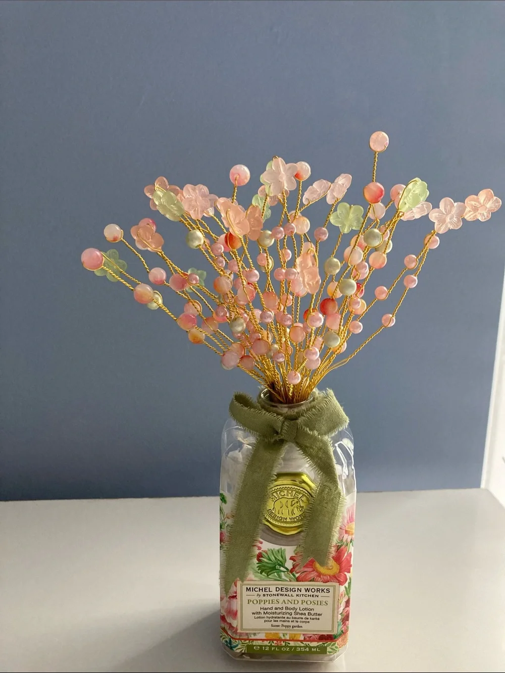 HANDMADE BEADED FLOWER BOUQUET PASTEL MULTICOLOR PEACH GREEN NEW